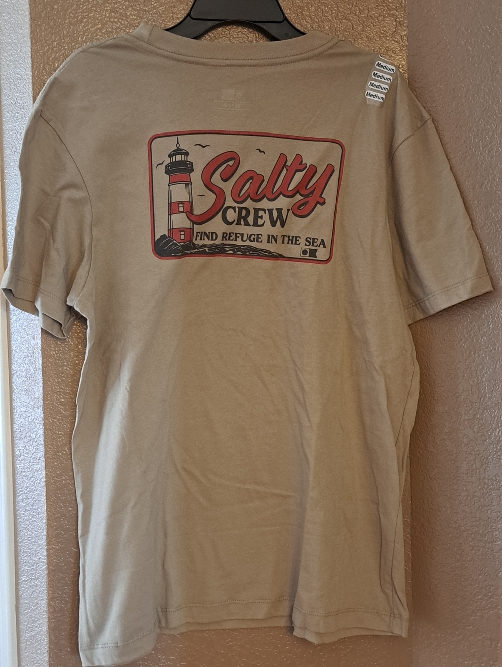 NWT MENS Medium Salty Crew Tan Graphic Lighthouse Tee with Red Accent